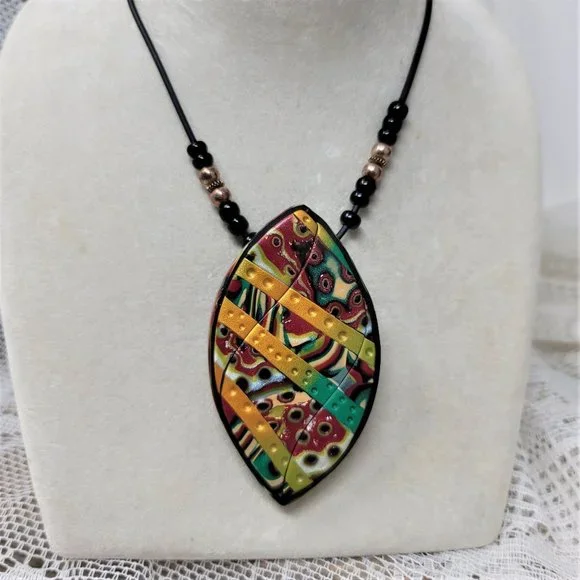 Modern Clay Colorful Necklace w/ Black Cord - Picture 5 of 9